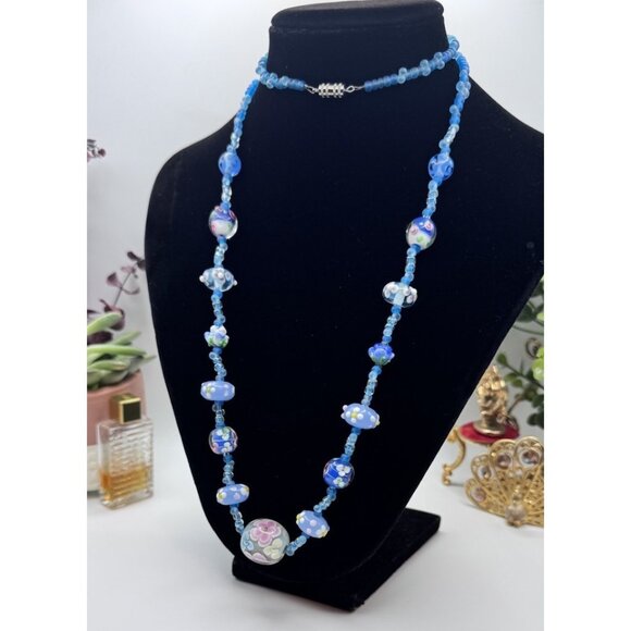 Vintage Italian Venetian Murano Art Glass Wedding Cake Blue Bead Necklace Rare - Picture 3 of 9